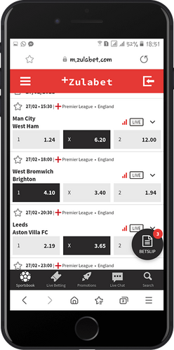 Mobile screenshot of the Zulabet odds page